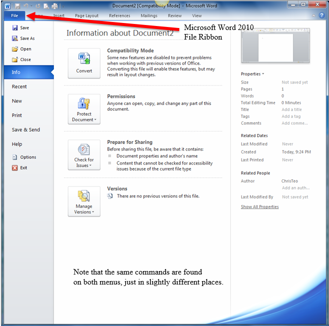 Screenshot of Microsoft Word 2010 pointing out the File Ribbon, which replaced the Office Button