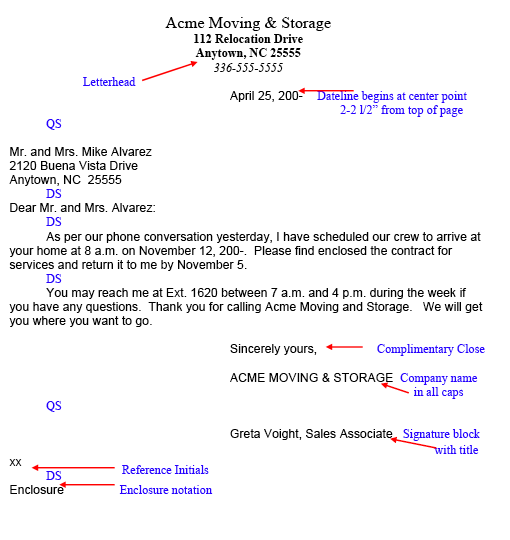 Annotated modified block style business letter pointing out formatting differences