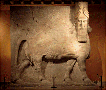 'Lammasu, the Human Headed Winged Bull', Assyrian, carved stone. 721-705 BCE. Oriental Institute Museum, University of Chicago