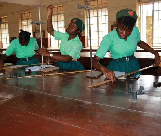 Three girls in green school uniforms stand behind a wooden desk. They carry out experiments with scientific equipment, including test tubes.