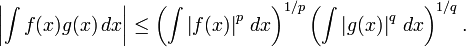 \left|\int f(x)g(x)\,dx\right| \leq 
\left(\int \left|f(x)\right|^p\,dx \right)^{1/p} \left(\int\left|g(x)\right|^q\,dx\right)^{1/q}.