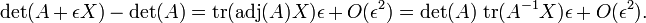 \det(A + \epsilon X) - \det(A)
= \operatorname{tr}(\operatorname{adj}(A) X) \epsilon + {O}(\epsilon^2)
= \det(A) \,\operatorname{tr}(A^{-1} X) \epsilon + {O}(\epsilon^2).