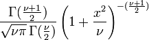 \frac{\Gamma(\frac{\nu+1}{2})} {\sqrt{\nu\pi}\,\Gamma(\frac{\nu}{2})} \left(1+\frac{x^2}{\nu} \right)^{-(\frac{\nu+1}{2})}\!