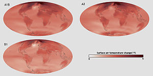 Future warming across the globe varies according to different projections of greenhouse gas emissions