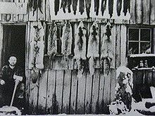 Man by wooden building that has six fur pelts on it.