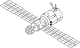 A line diagram of a DOS spacecraft. The module consists of a stepped cylinder, with two large solar arrays projecting from opposing sides of the narrower portion of the module. A spherical compartment with five docking ports is attached to the end of the narrower section, whilst a lollipop-shaped antenna projects radially from the far end of the wider section.