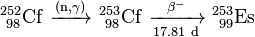 \mathrm{^{252}_{\ 98}Cf\ \xrightarrow {(n,\gamma)} \ ^{253}_{\ 98}Cf\ \xrightarrow [17.81 \ d]{\beta^-} \ ^{253}_{\ 99}Es}