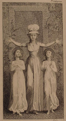 Engraving showing a female teacher holding her arms up in the shape of a cross. There is one female child on each side of her, both gazing up at her.