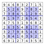 The previous puzzle, solved with additional numbers that each fill a blank space.