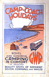 A stylised painting of a coast line in red and blue with the sea on the left and a railway coach on the right. At the top is the title 