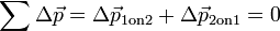 \sum{\Delta{\vec{p}}}=\Delta{\vec{p}_{\mathrm{1 on 2}}} + \Delta{\vec{p}_{\mathrm{2 on 1}}} = 0