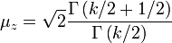 \mu_z= \sqrt{2}
\frac{\Gamma\left(k/2+1/2\right)}{\Gamma\left(k/2 \right)}