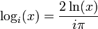  \log_i(x) = {{2 \ln(x)} \over i\pi} 