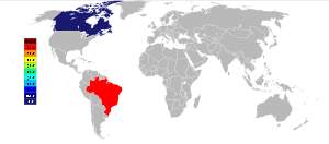 Grey and white world map with Brazil colored red representing 90% of niobium world production and Canada colored in dark blue representing 5% of niobium world production