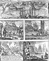 Engraving showing scenes of Dutch killing animals on Mauritius, including Dodos