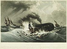 Painting of small, flame-engulfed boat with men clinging to wreckage next to spouting whale, with second small boat and larger three-masted ship in background