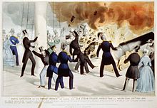 Historical illustration of the Princeton cannon explosion, with dozens of guests aboard. Caption reads 