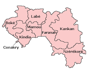 A clickable map of Guinea exhibiting its eight administrative regions.