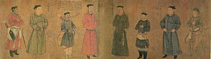 A long, landscape oriented painting of eight figures. From left to right, the first, third, fifth, sixth, and eighth people are armed, with the first and last men most heavily armed, carrying both a bow and a sword, with the other three carrying either a bow or a sword but not both. Each of the men wears a thin, flat, black cap. The third and sixth figure are also a head shorter than the rest of the figures.