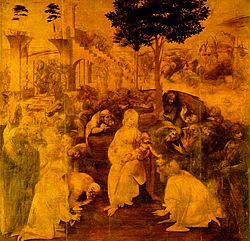 An unfinished painting showing the Virgin Mary and Christ Child surrounded by many figures who are all crowding to look at the baby. Behind the figures is a distant landscape and a large ruined building. More people are coming, in the distance.